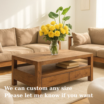 Handcrafted Solid Wood Coffee Table – Modern Rustic Center Table with Drawers and Open Shelf for Minimalist Living Room Décor Lynnsnail