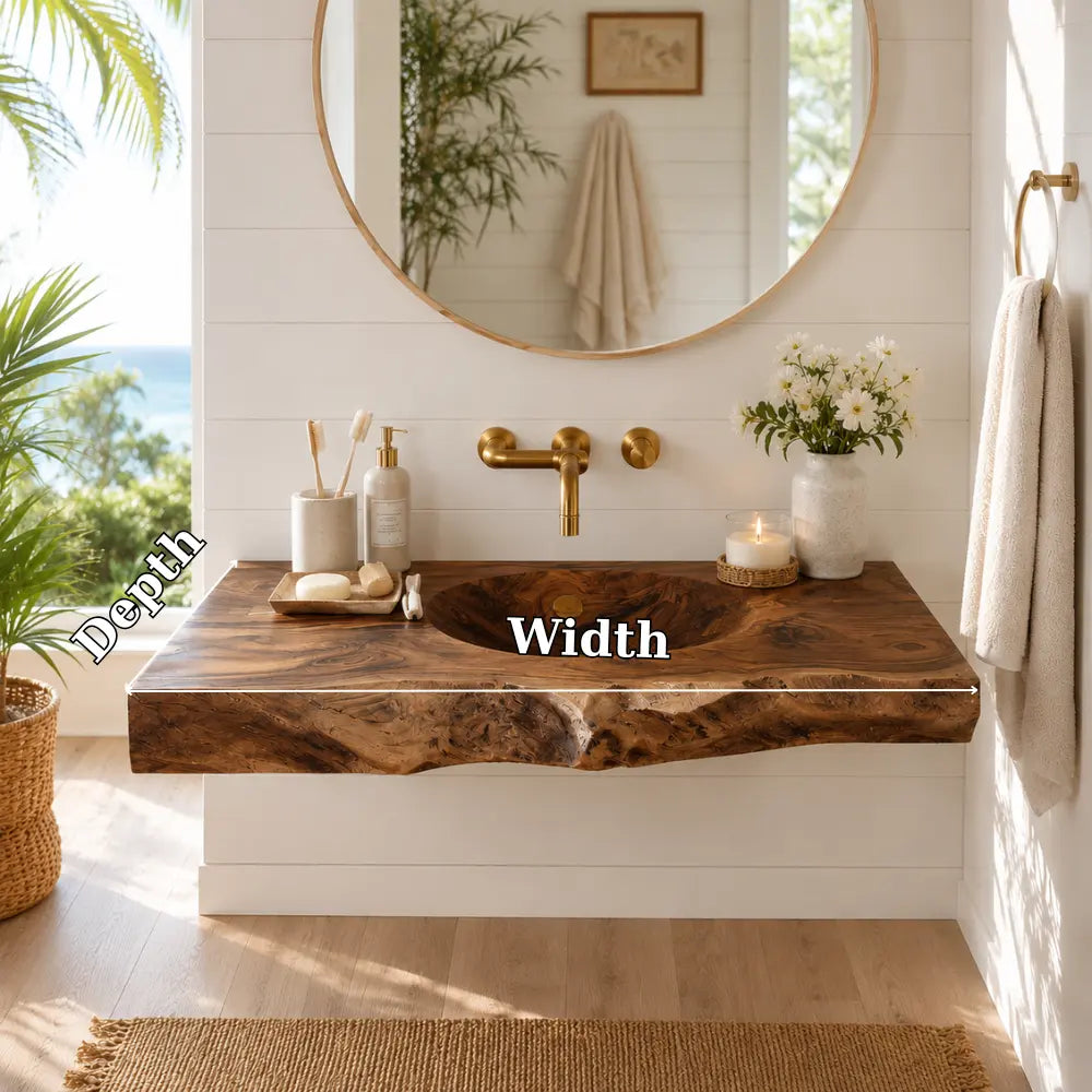 Live Edge Wood Sink Vanity | Solid Wood Floating Vanity with Carved Sink Lynnsnail