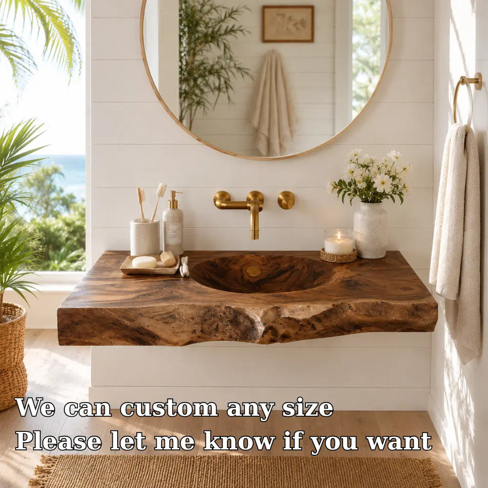 Live Edge Wood Sink Vanity | Solid Wood Floating Vanity with Carved Sink Lynnsnail