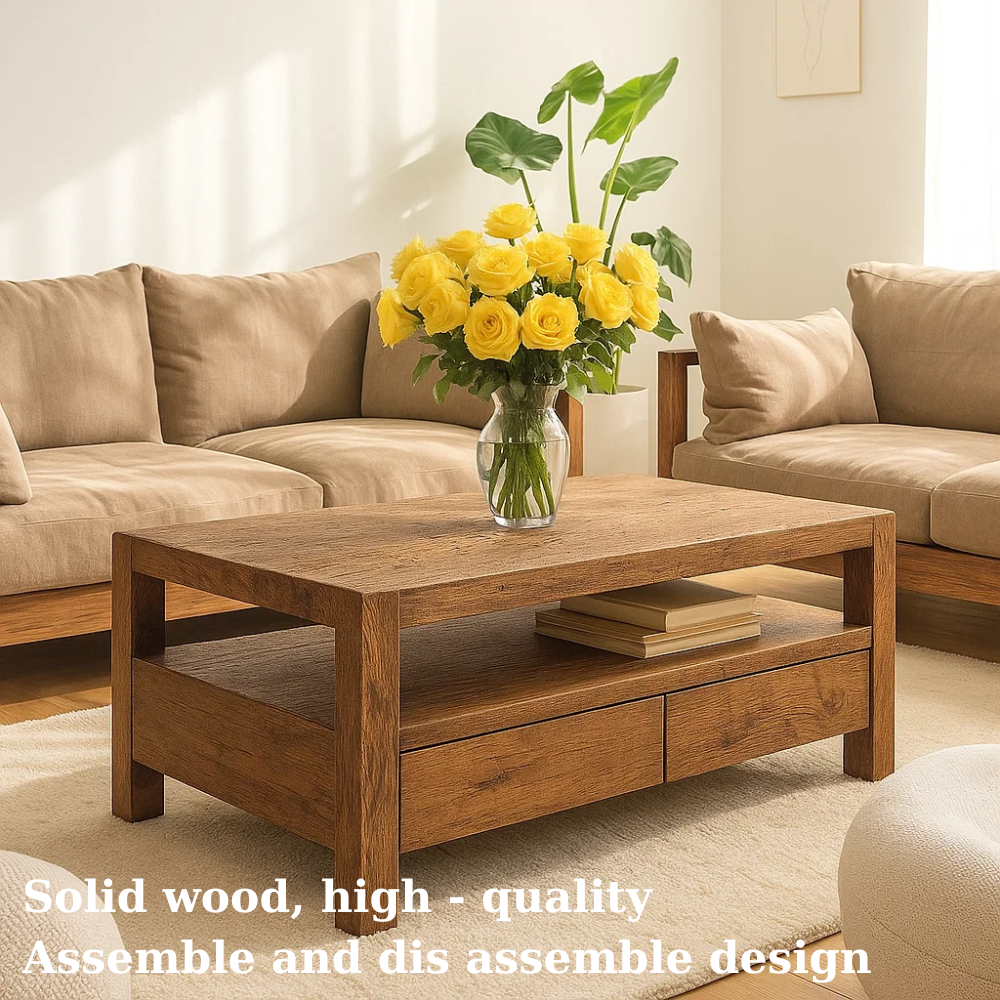 Handcrafted Solid Wood Coffee Table – Modern Rustic Center Table with Drawers and Open Shelf for Minimalist Living Room Décor Lynnsnail