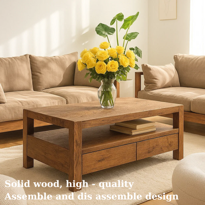 Handcrafted Solid Wood Coffee Table – Modern Rustic Center Table with Drawers and Open Shelf for Minimalist Living Room Décor Lynnsnail