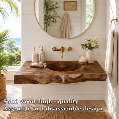 Live Edge Wood Sink Vanity | Solid Wood Floating Vanity with Carved Sink Lynnsnail