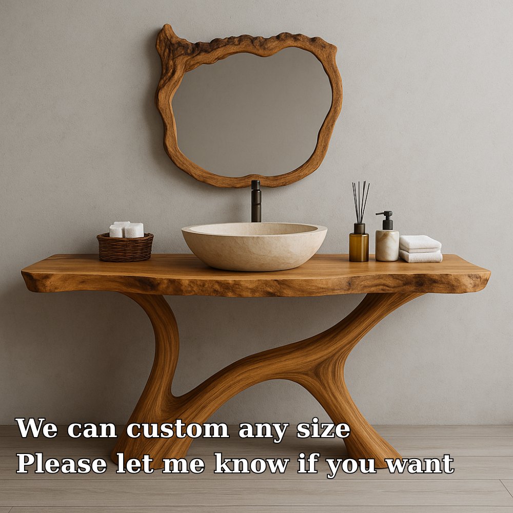 Handcrafted Solid Wood Bathroom Vanity – Organic Live Edge Design with Artistic Mirror Set Lynnsnail