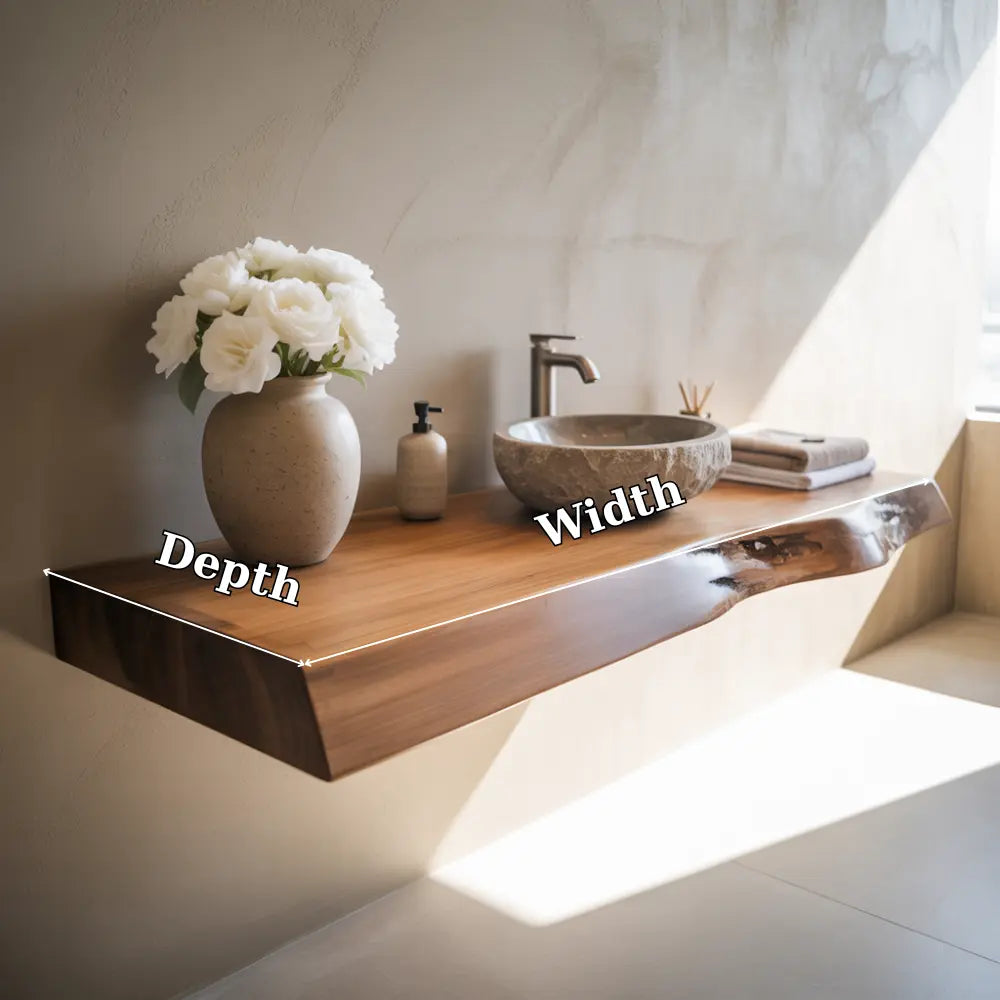 Live Edge Floating Vanity Shelf | Solid Wood Single Sink Bathroom Counter Lynnsnail