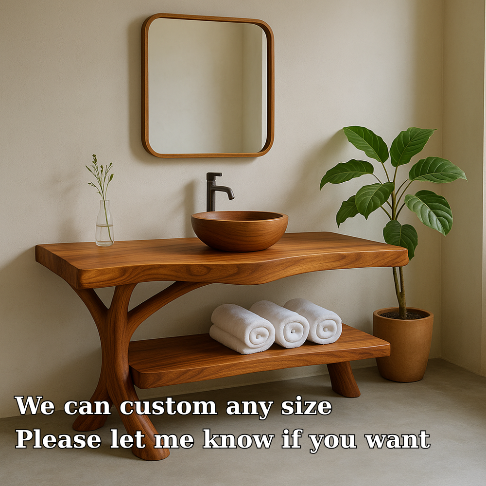 Handcrafted Solid Wood Bathroom Vanity – Organic Curved Design with Shelf for Towels Lynnsnail