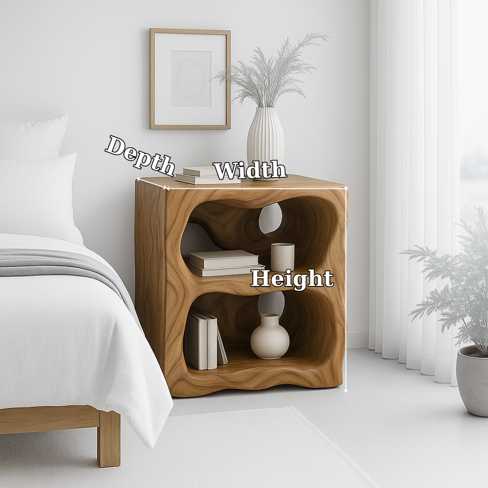 Handcrafted Solid Wood Nightstand – Organic Sculpted Bedside Table with Open Shelves Lynnsnail