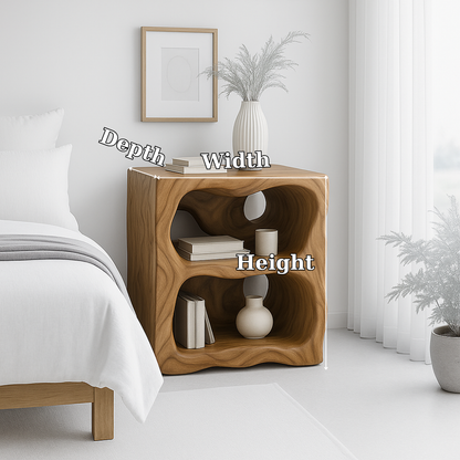Handcrafted Solid Wood Nightstand – Organic Sculpted Bedside Table with Open Shelves Lynnsnail