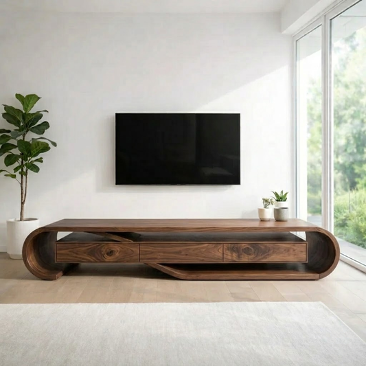 Solid Wood TV Cabinet with Curved Design – Modern Walnut Media Console