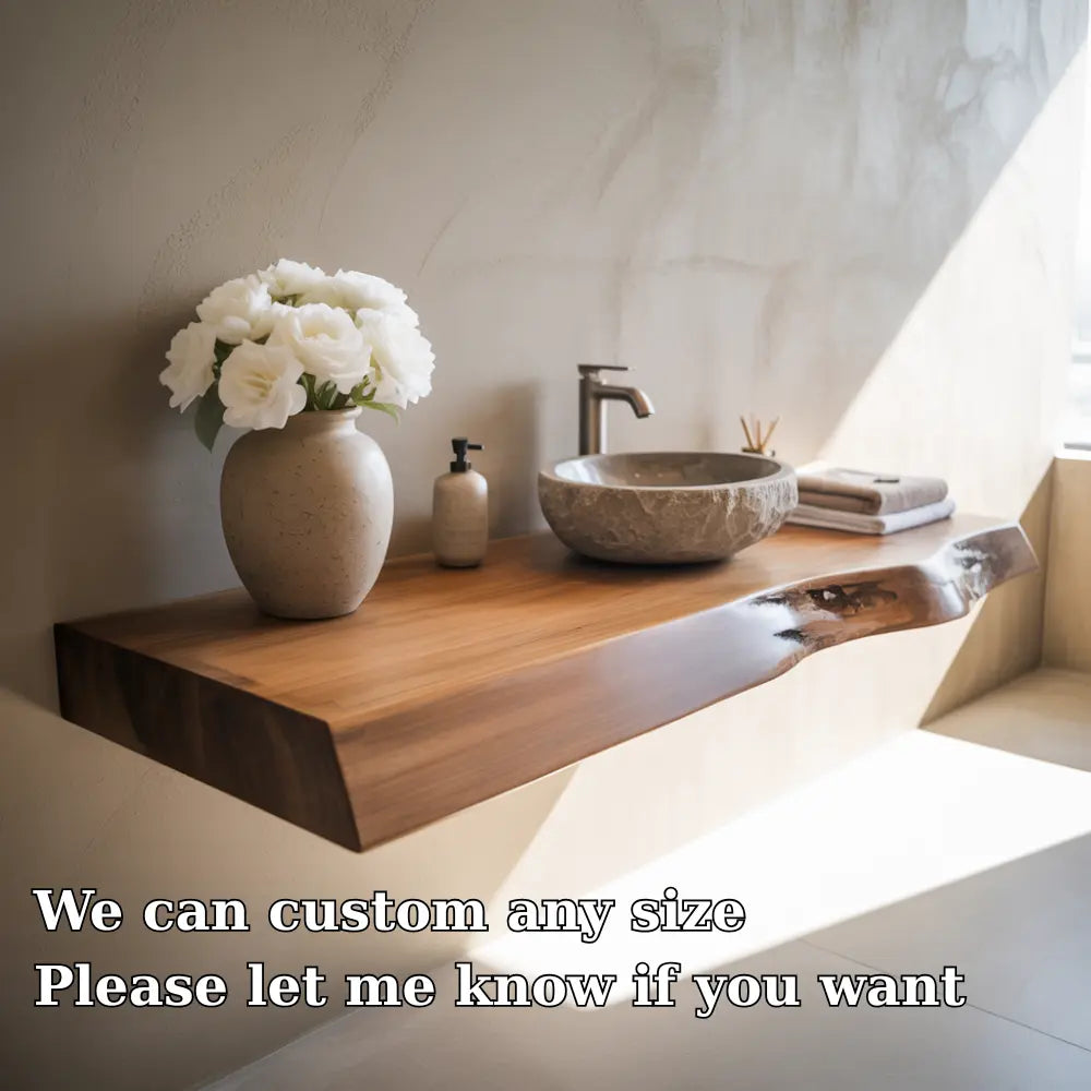 Live Edge Floating Vanity Shelf | Solid Wood Single Sink Bathroom Counter Lynnsnail