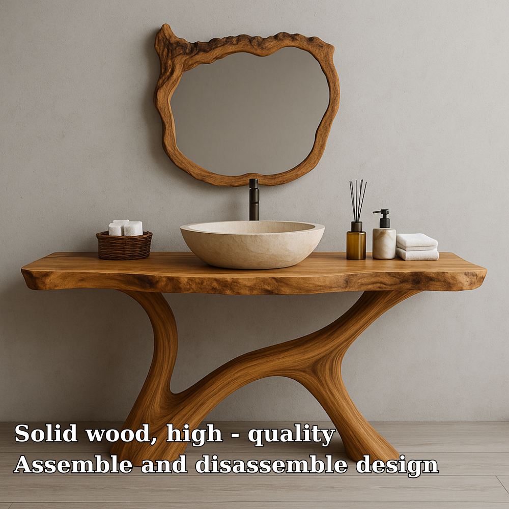 Handcrafted Solid Wood Bathroom Vanity – Organic Live Edge Design with Artistic Mirror Set Lynnsnail