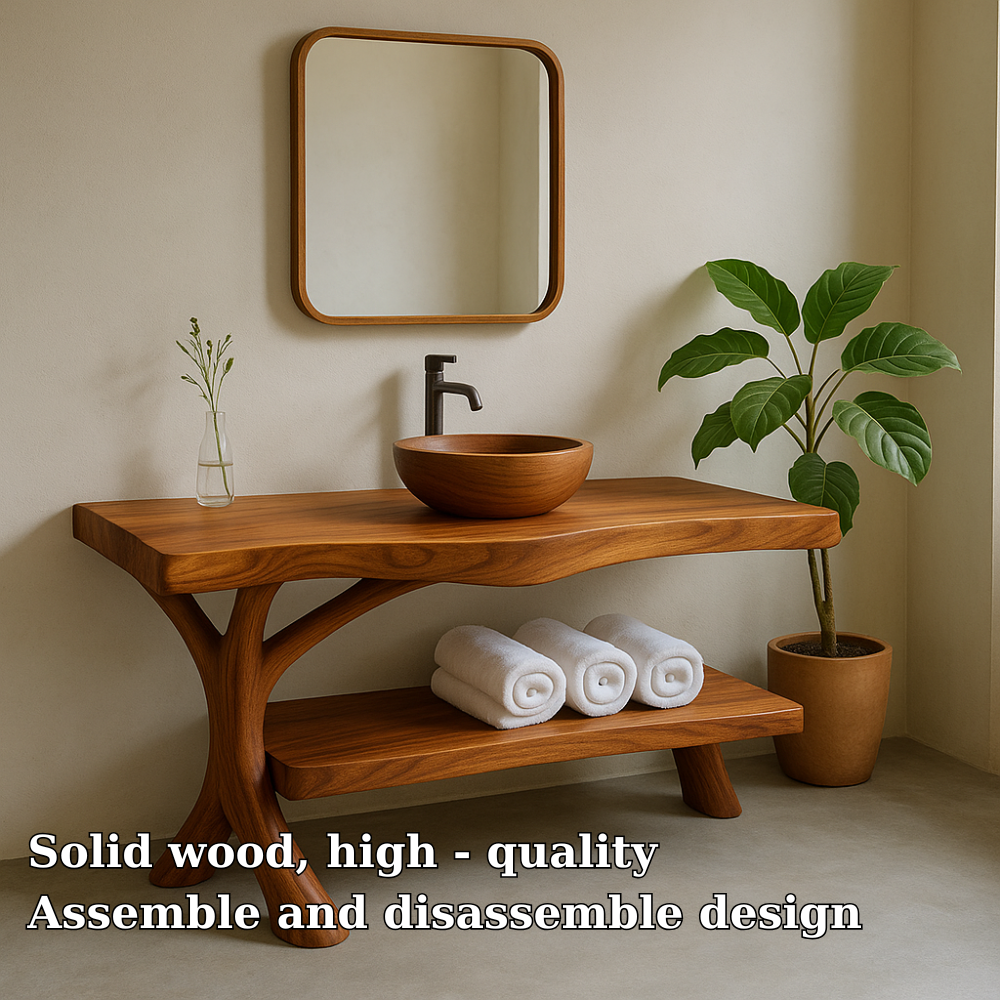 Handcrafted Solid Wood Bathroom Vanity – Organic Curved Design with Shelf for Towels Lynnsnail