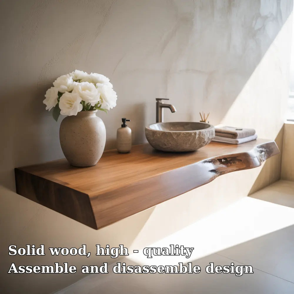Live Edge Floating Vanity Shelf | Solid Wood Single Sink Bathroom Counter Lynnsnail