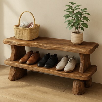 Handcrafted Solid Wood Bench with Storage Shelf – Rustic Entryway Furniture for Natural Home Decor Lynnsnail