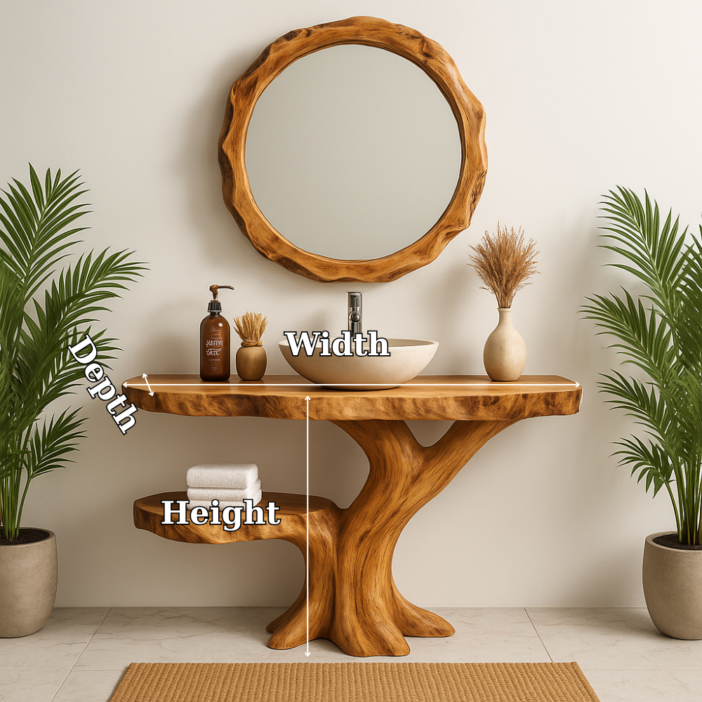 Handcrafted Solid Wood Bathroom Vanity – Organic Tree-Inspired Design with Round Mirror Lynnsnail