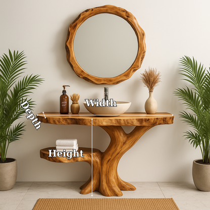 Handcrafted Solid Wood Bathroom Vanity – Organic Tree-Inspired Design with Round Mirror Lynnsnail