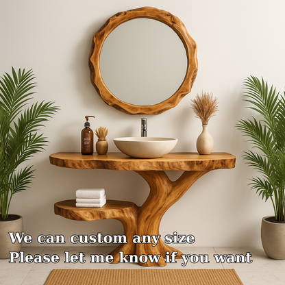 Handcrafted Solid Wood Bathroom Vanity – Organic Tree-Inspired Design with Round Mirror Lynnsnail