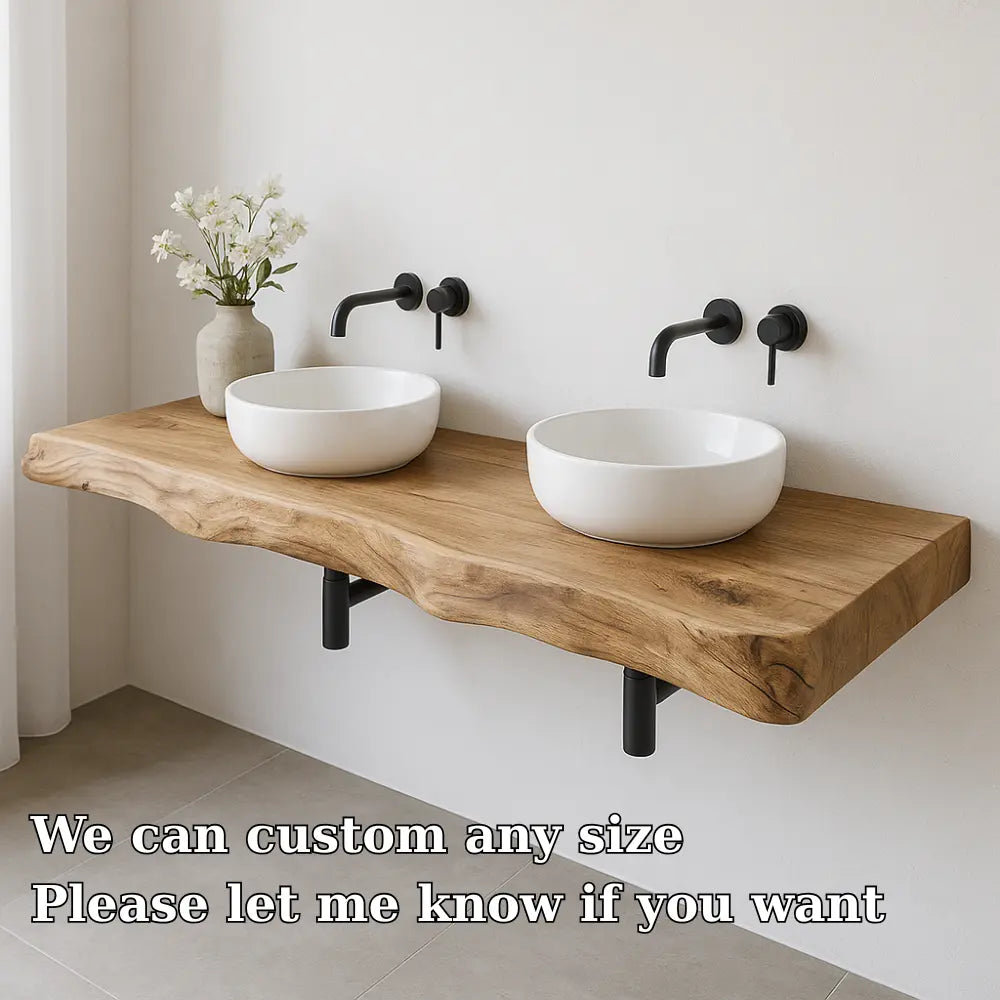Double Sink Live Edge Vanity Shelf | Solid Wood Floating Bathroom Counter Lynnsnail