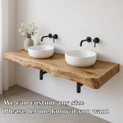 Double Sink Live Edge Vanity Shelf | Solid Wood Floating Bathroom Counter Lynnsnail