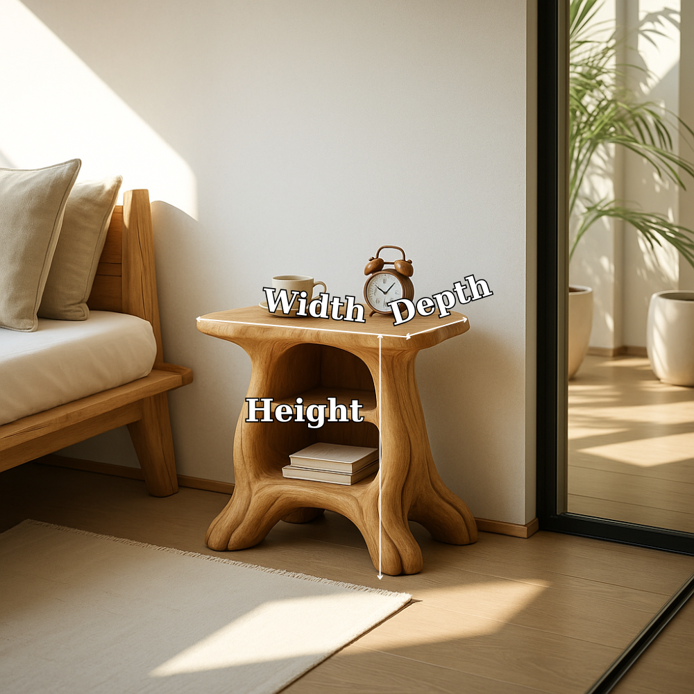 Handcrafted Solid Wood Nightstand – Organic Sculpted Bedside Table with Open Shelves Lynnsnail