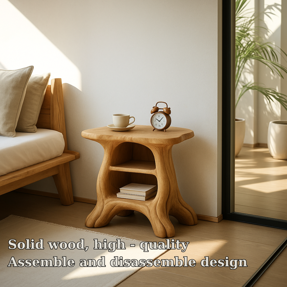 Handcrafted Solid Wood Nightstand – Organic Sculpted Bedside Table with Open Shelves Lynnsnail