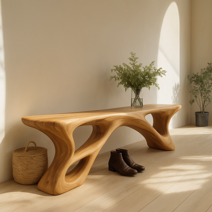 Handcrafted Solid Wood Bench – Sculptural Organic Flow Design with Modern Natural Aesthetic Lynnsnail