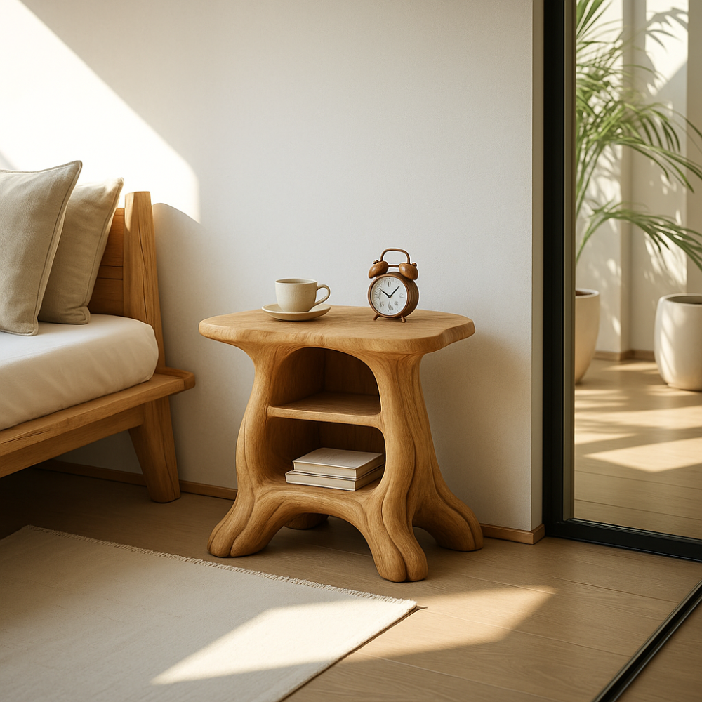 Handcrafted Solid Wood Nightstand – Organic Sculpted Bedside Table with Open Shelves Lynnsnail