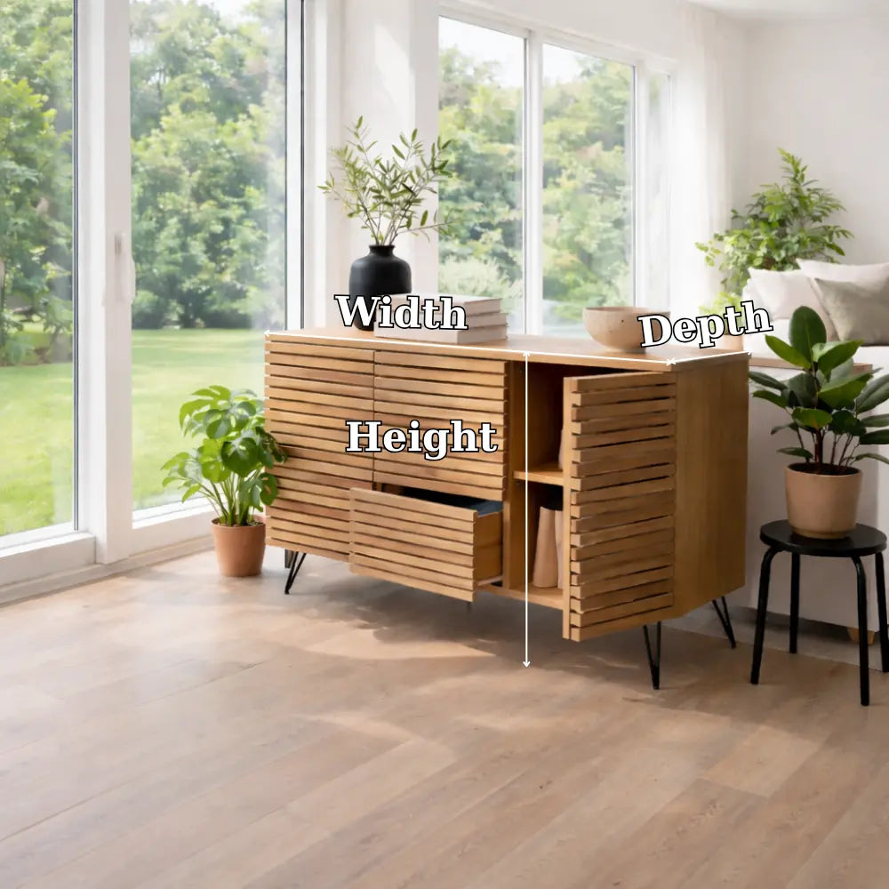 Modern Solid Wood Slatted Console Table with Storage Cabinet & Drawers Lynnsnail