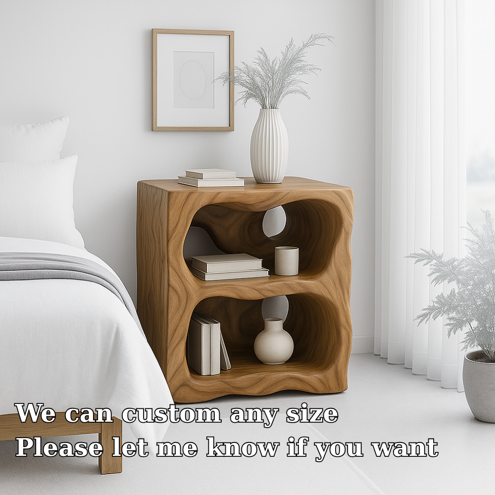 Handcrafted Solid Wood Nightstand – Organic Sculpted Bedside Table with Open Shelves Lynnsnail