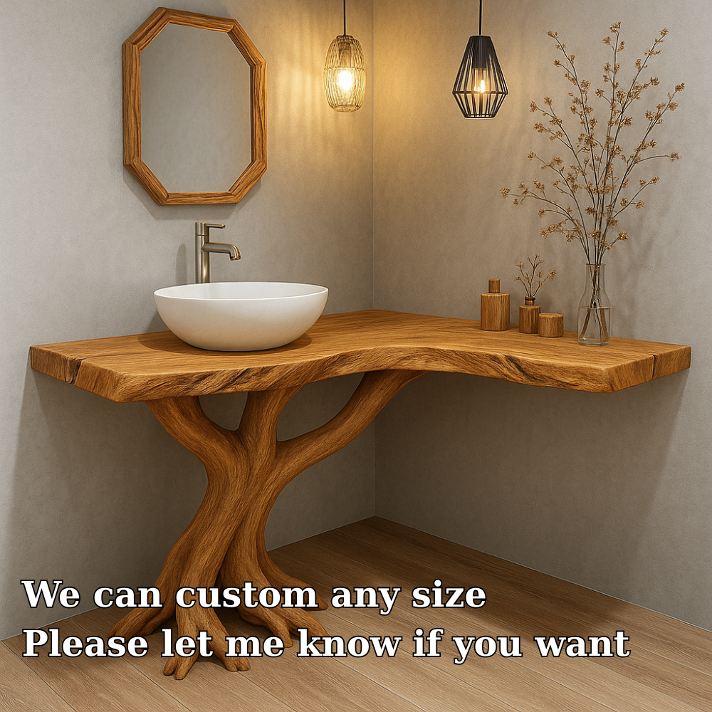 Handcrafted Solid Wood Bathroom Vanity – Sculptural Tree Root Base with Natural Live Edge Lynnsnail