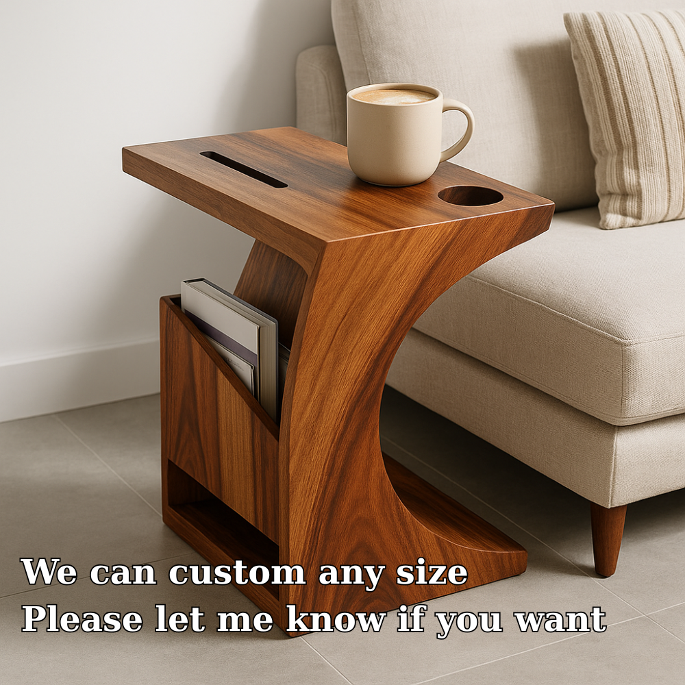 Handcrafted Solid Wood Armrest Table with Cup Holder & Magazine Storage Lynnsnail