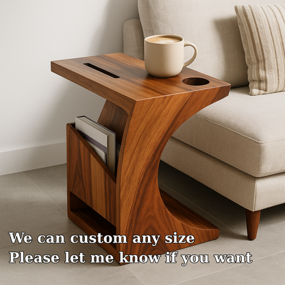 Handcrafted Solid Wood Armrest Table with Cup Holder & Magazine Storage Lynnsnail