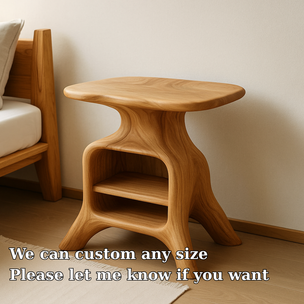 Handcrafted Solid Wood Nightstand – Sculpted Organic Bedside Table with Open Shelf Lynnsnail