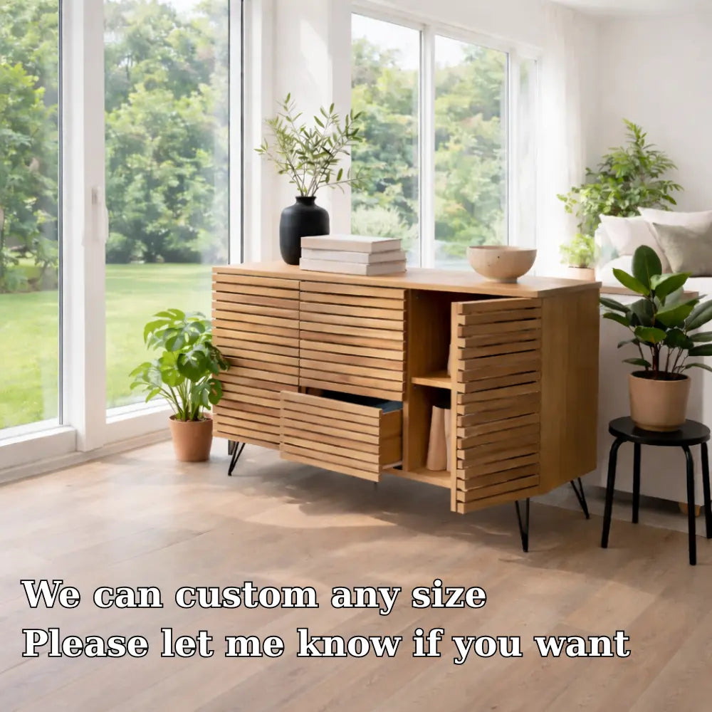 Modern Solid Wood Slatted Console Table with Storage Cabinet & Drawers Lynnsnail