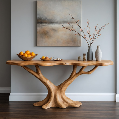 Handcrafted Solid Wood Console Table with Tree Branch Base – Modern Organic Entryway Design Lynnsnail