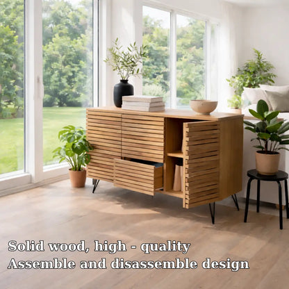 Modern Solid Wood Slatted Console Table with Storage Cabinet & Drawers Lynnsnail