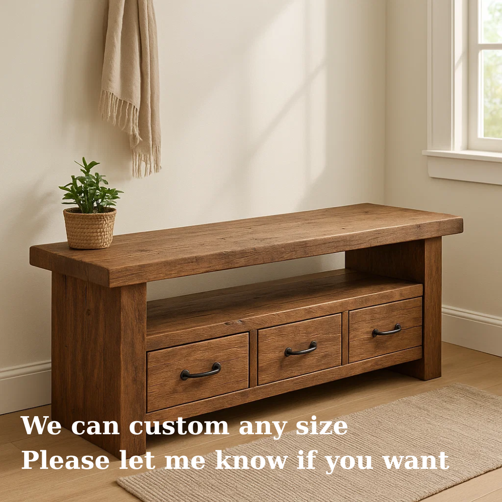 Handcrafted Solid Wood Bench – Rustic Entryway Storage Bench with 3 Drawers Lynnsnail