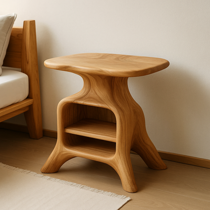 Handcrafted Solid Wood Nightstand – Sculpted Organic Bedside Table with Open Shelf Lynnsnail
