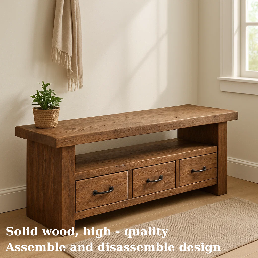 Handcrafted Solid Wood Bench – Rustic Entryway Storage Bench with 3 Drawers Lynnsnail