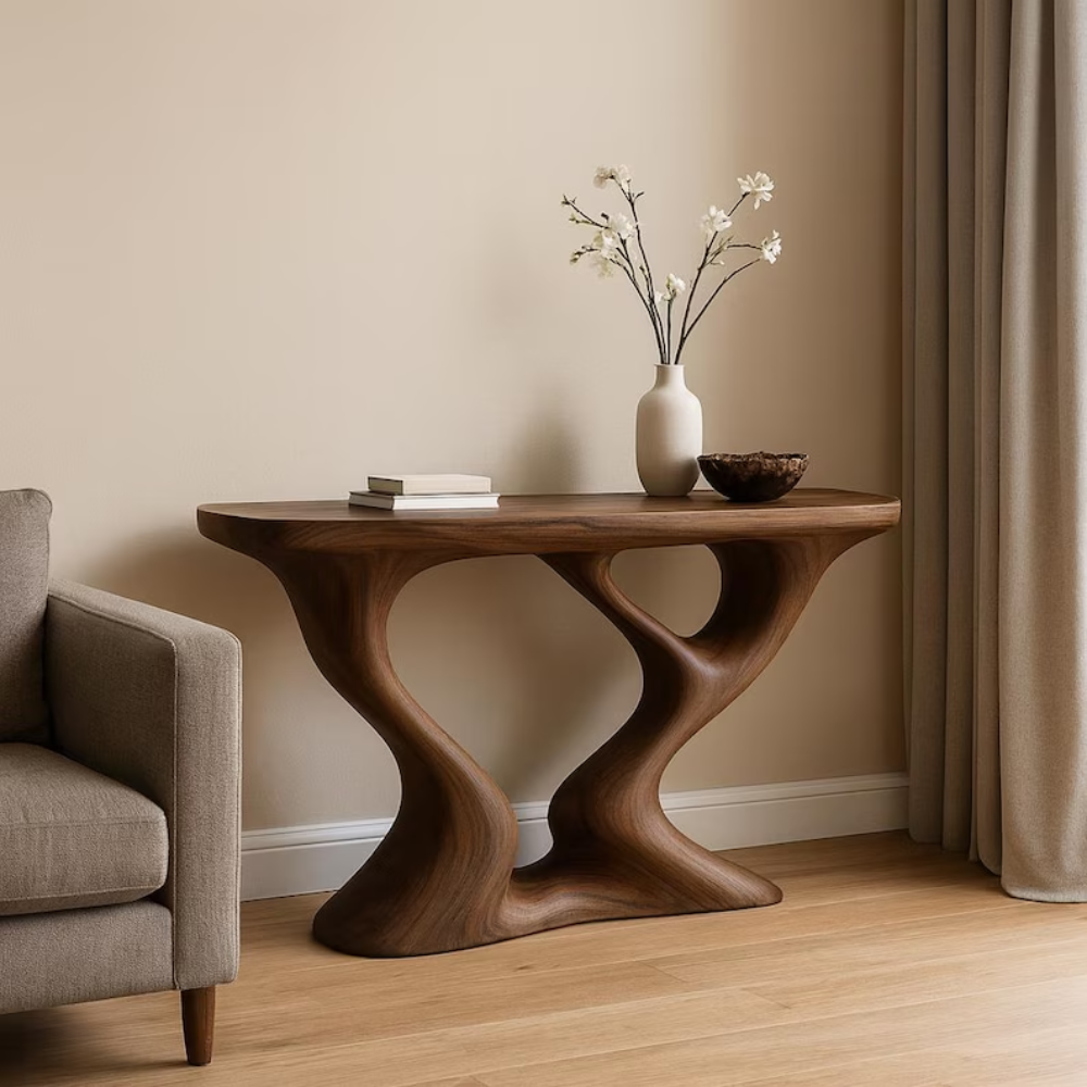 Handcrafted Solid Wood Console Table with Sculptural Double Curve Base – Modern Organic Design Lynnsnail