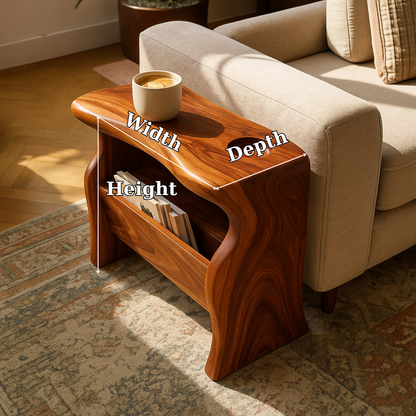 Handcrafted Solid Wood Armrest Table with Magazine Storage – Sculpted Organic Design Lynnsnail