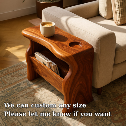 Handcrafted Solid Wood Armrest Table with Magazine Storage – Sculpted Organic Design Lynnsnail