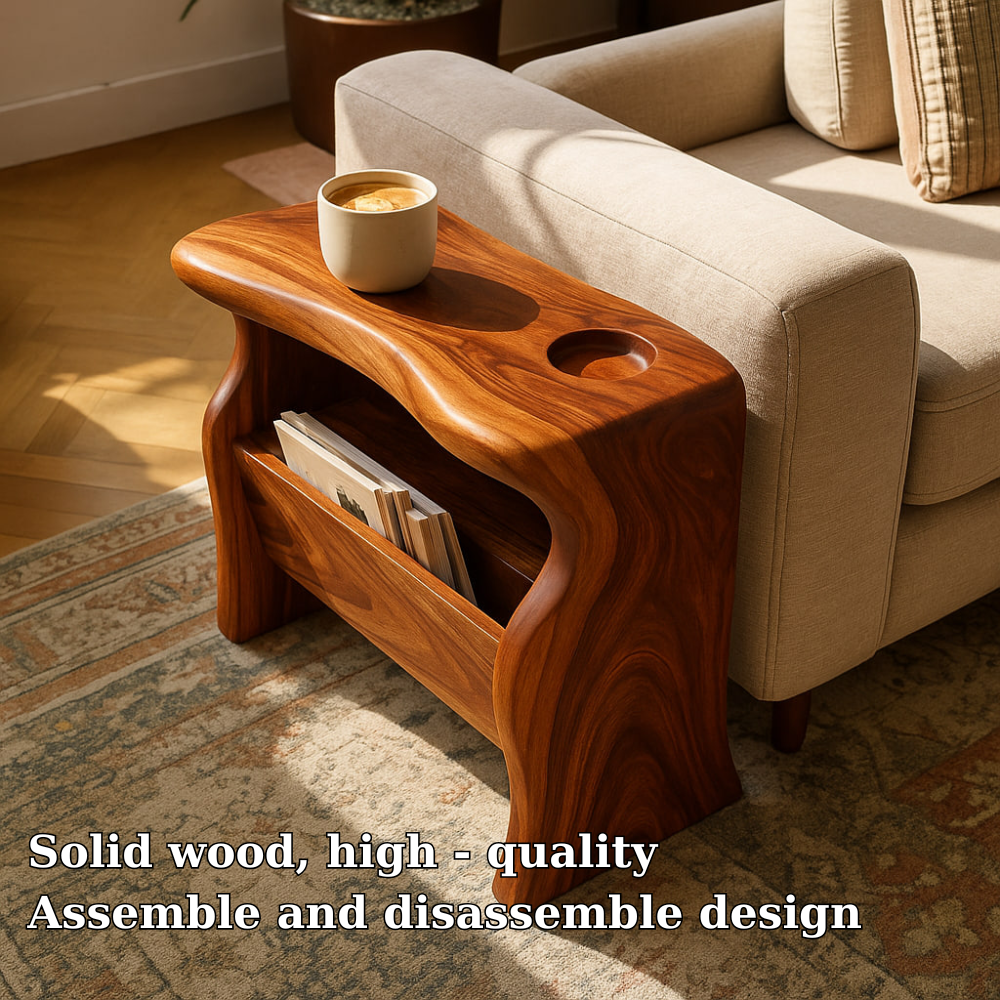 Handcrafted Solid Wood Armrest Table with Magazine Storage – Sculpted Organic Design Lynnsnail