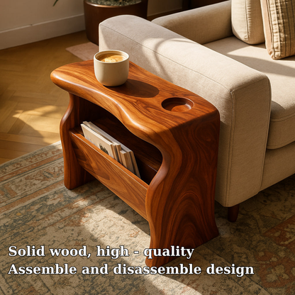 Handcrafted Solid Wood Armrest Table with Magazine Storage – Sculpted Organic Design Lynnsnail