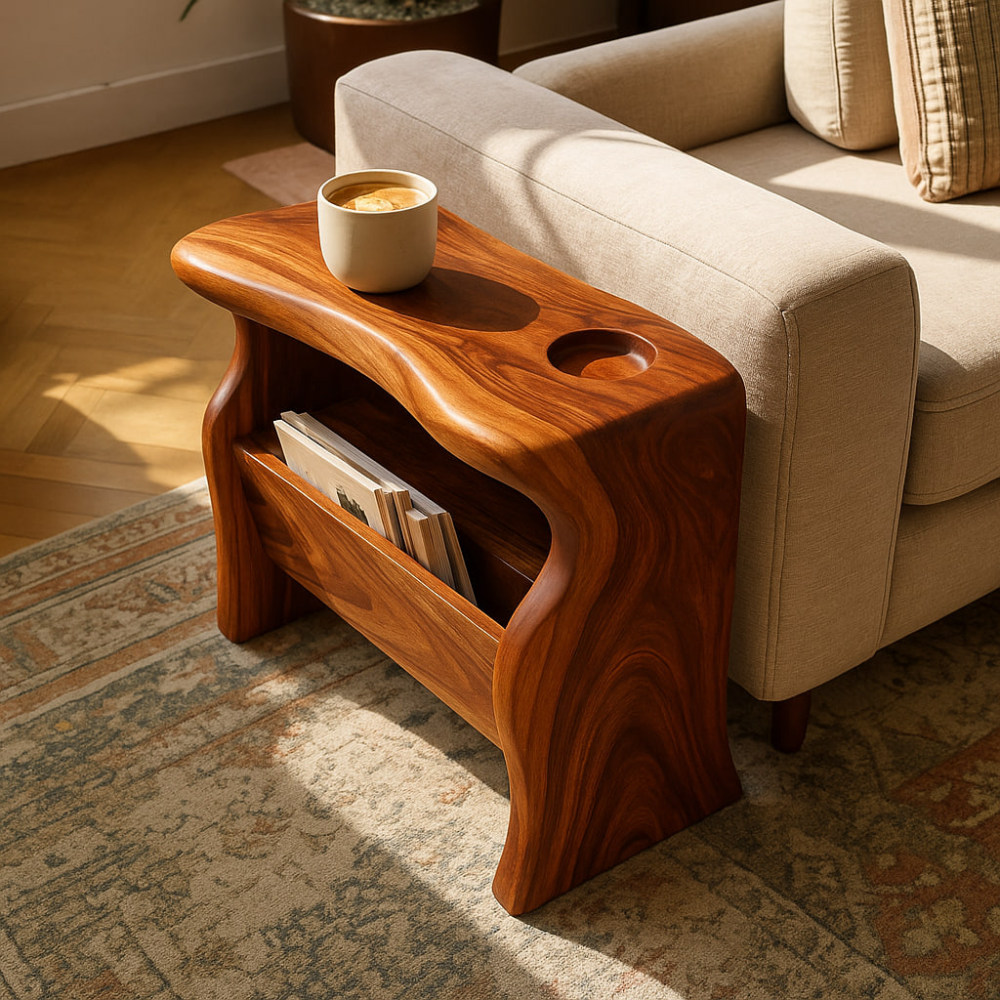 Handcrafted Solid Wood Armrest Table with Magazine Storage – Sculpted Organic Design Lynnsnail