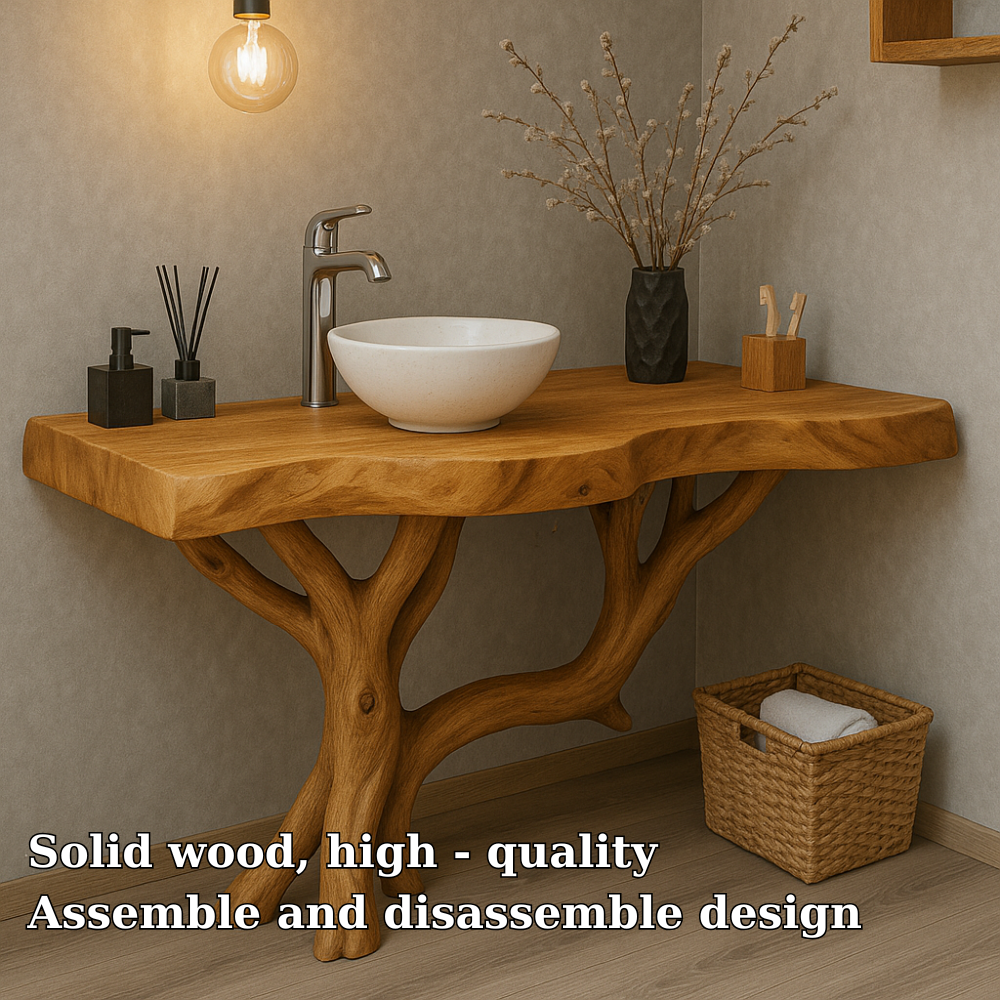 Handcrafted Solid Wood Bathroom Vanity – Organic Live Edge Design with Tree-Inspired Base Lynnsnail
