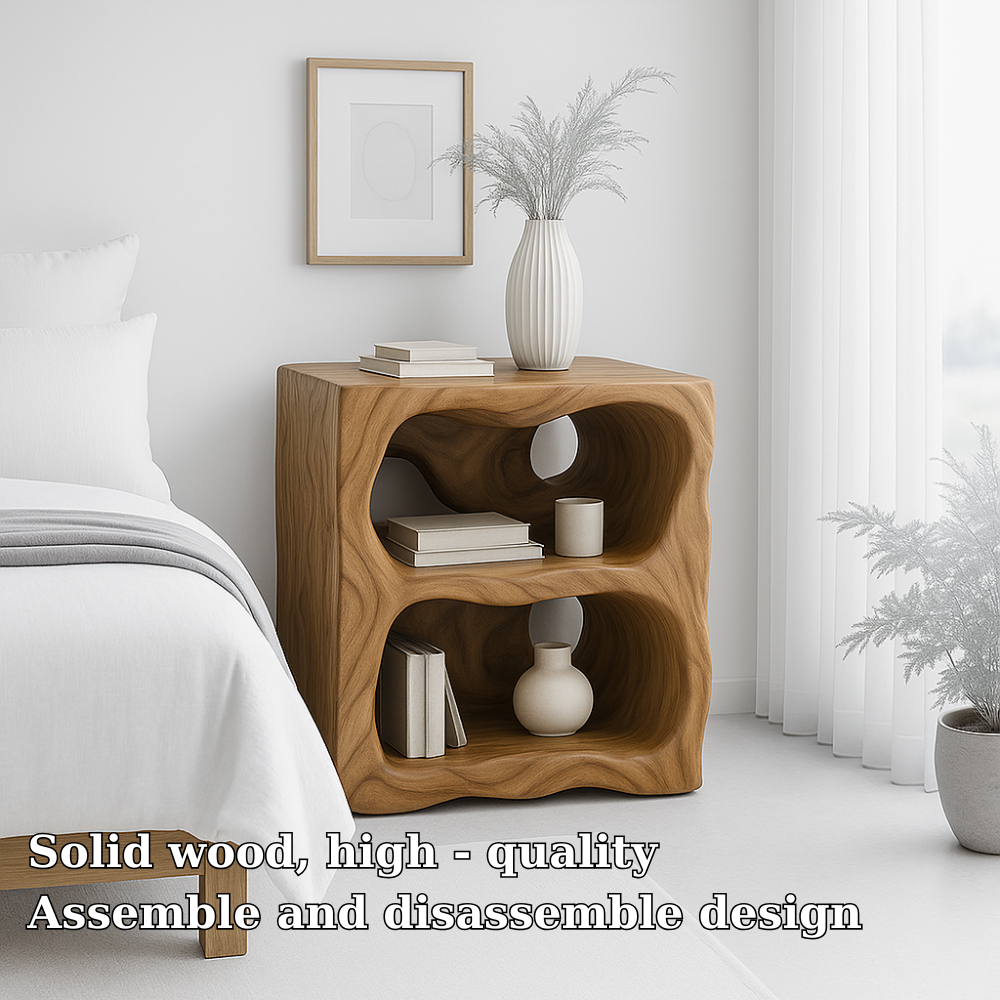 Handcrafted Solid Wood Nightstand – Organic Sculpted Bedside Table with Open Shelves Lynnsnail