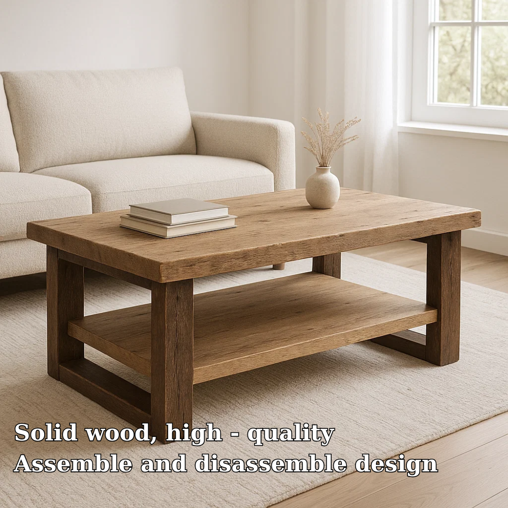 Handcrafted Solid Wood Coffee Table – Rustic Modern Design with Open Shelf Storage Lynnsnail