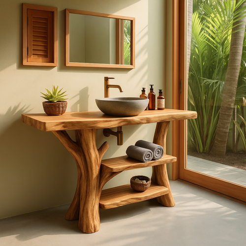 Handcrafted Solid Wood Bathroom Vanity – Organic Double Shelf Design for Natural Interiors Lynnsnail