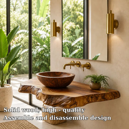 Double Live Edge Floating Vanity Shelf | Solid Wood Honey Bathroom Counter Lynnsnail