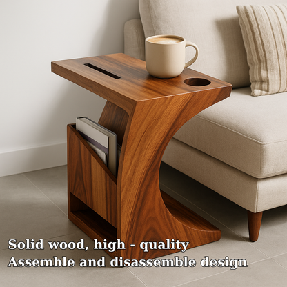 Handcrafted Solid Wood Armrest Table with Cup Holder & Magazine Storage Lynnsnail